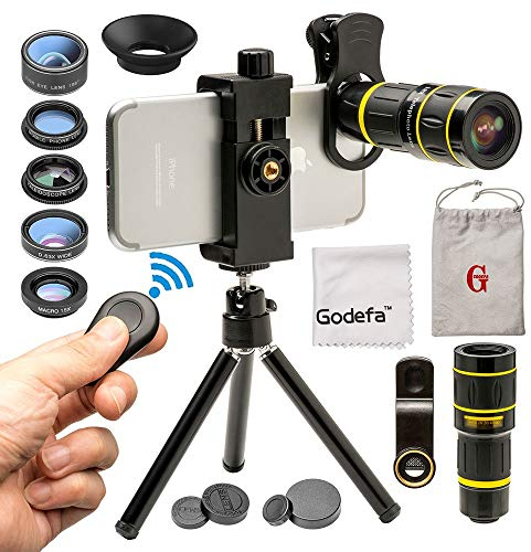 Cell Phone Camera Lens with Tripod+ Shutter Remote,6 in 1 18x Telephoto Zoom Lens/Wide Angle/Macro/Fisheye/Kaleidoscope/CPL, Clip-On lense Compatible for iPhone X 8 7 6s Plus, Samsung and More
