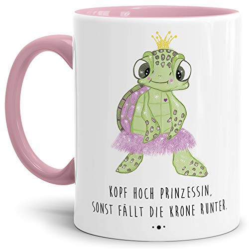 Schildkröte-Tasse mit Spruch Kopf hoch Prinzessin - Kaffeetasse/Mug/Cup/Prinzessin/Lustig/Witzig/Innen & Henkel Rosa
