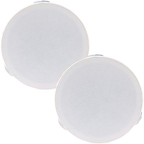 PAIR of 4” Mini Low Profile Ceiling Speakers -40W Max 8 OHM Impedance- White 2 Way Sleek & Compact Flush Mount Slim Line Metal Mesh Grille – Perfect for Bluetooth Amplifier