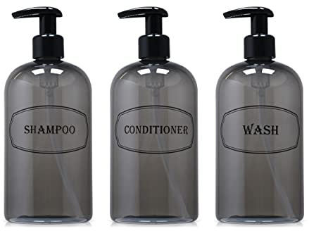 Bottiful Home - 16 oz graues Shampoo, Conditioner, Waschdusche, Seifenspender, 3 nachfüllbare leere PET-Kunststoff-Pumpflaschen, Duschbehälter, bedrucktes Design, verstopfungsfrei, tropffrei