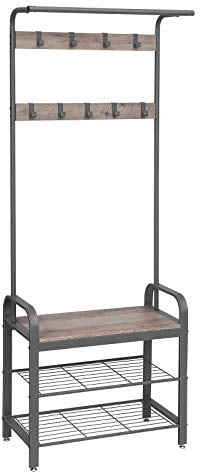 VASAGLE Garderobenständer, Garderobe, Schuhregal mit Sitzfläche, Kleiderständer mit 9 abnehmbaren Haken, Sitzbank, 2 Gitterablagen, 183 cm hoch, Industrie-Design, greige-grau, HSR40MG