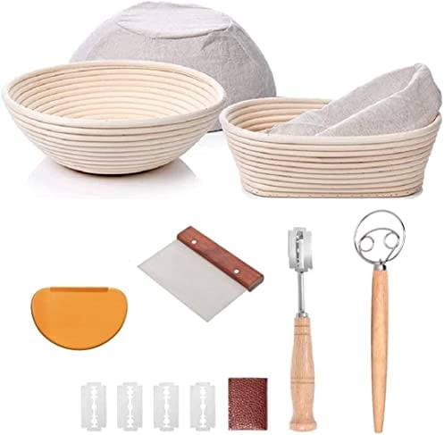 YAANI Set bestehend aus 2 runden und ovalen Banneton-Gärkörben, 22 cm und 25 cm großen Gärkörben, Teigbesen, Brotschneider, Teigschneider, flexiblem Teigschaber, Sauerteigbrot, Brotbackwerkzeug-Set