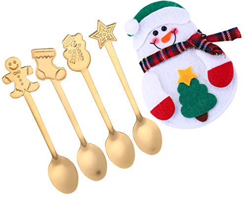DOITOOL 5pcs Christmas Coffee Spoons Stainless Steel Mini Spoon with Snowman Silverware Holder for Ice Tea Soup Sugar Dessert Seasoning Ice Cream Xmas Party Supplies Golden