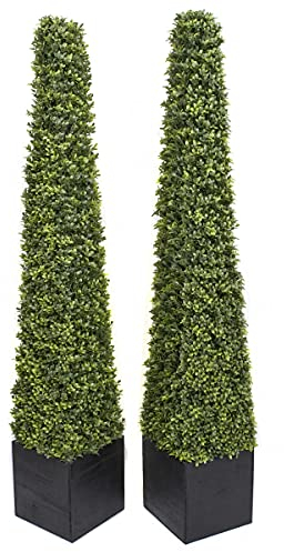 Künstliche Buchsbaum-Pyramidenbäume in schwarzen, quadratischen Pflanzgefäßen, lebensecht, wartungsfrei, perfekt für Eingänge, Türen und Außendekoration, 150 cm, 2 Stück