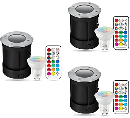 LongLife LED Bodeneinbaustrahler rund Set 3x Gartenstrahler 230V IP67 GU10 3W RGBW ink. IR Fernbedienung Bodenleuchte Licht für die Bodenmontage Außenbereich Befahrbar