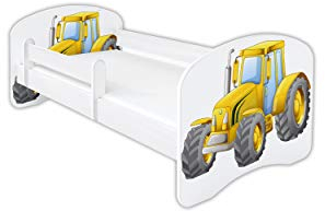 Clamaro 'Schlummerland' Kinderbett 70x140 (bis 150kg belastbar) mit Motiv, Rausfallschutz, Kantenschutz, Matratze und Lattenrost | Jugendbett Weiß | Motiv: 10 Traktor Gelb