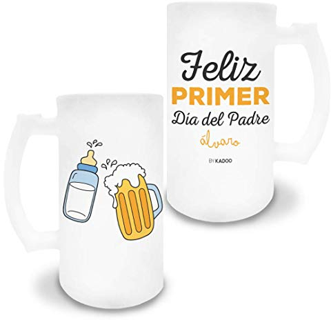 Kadoo Regalos Jarra de Cerveza de Cristal Esmerilado Personalizada Día del Padre Feliz Primer Día del Padre (Dibujo)