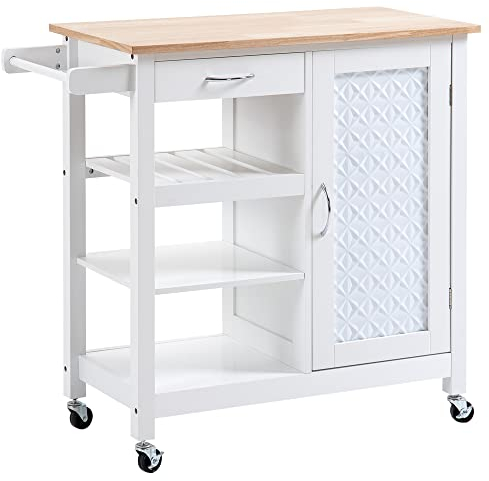HOMCOM Desserte à roulettes Chariot de Service pour Cuisine Style Contemporain - Porte, tiroir, 3 étagères - poignées métal Bois Blanc