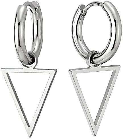 Herren Damen Creolen mit Baumelnde Dreieck Rahmen Edelstahl Huggie Ohr Manschette Ohrringe Piercing