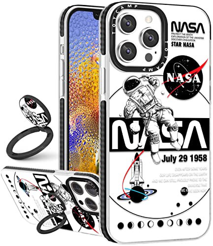 Toycamp Case Cover for iPhone 13 Pro Max White | with Ring Kickstand, Cute Astronaut, Funny Cartoon Print Design, for Girls Teens Men Boys, 6.7