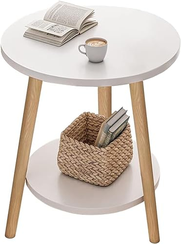 Uptyia Mesa Auxiliar 2 Niveles Blanca Mesita Redonda de Sofá Ø38x55cm, Moderna para Salón o Dormitorio, Fácil de Montar, Estilo Minimalista