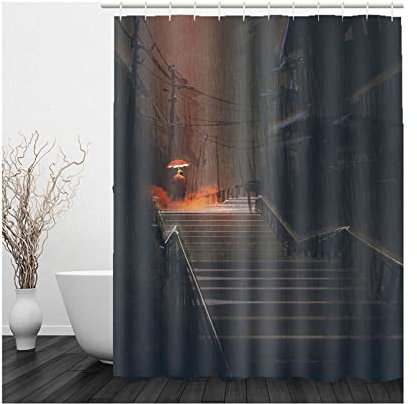 Whoiy Duschvorhänge Schwarz, Duschrollo Um Die Ecke 165X200cm Polyester Duschvorhang Menschen An Regnerischen Tagen, Die Auf Treppen Gehen Braun Waschbar