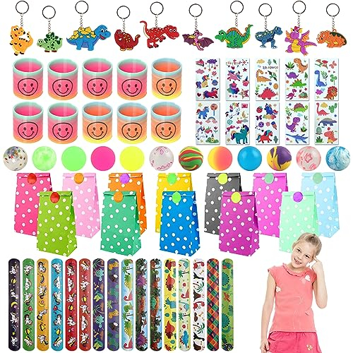 Dinosaurier Party Mitgebsel Kindergeburtstag, 70 Stück Kindergeburtstag Mitgebsel Set, Party Mitgebsel Kinder Dino, Schnapparmband Dino Regenbogenspirale Flummi Schlüsselanhänger Tattoo Kinder
