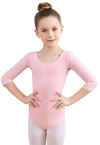 Soudittur Body Danza Classica per Bambine e Donne Cotone Body Ginnastica Artistica Costumi per Balletto Body 3/4 Maniche Lunghe (120, Rosa)