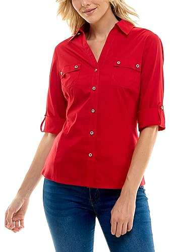 Zac & Rachel Womens Button Down Top with Functional Chest Pockets, Tango Red, XXL