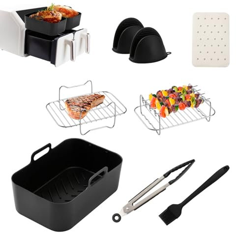 Ninja Dual Basket Air Fryer Accessories Set - 8Pcs Compatible with DZ201, DZ401 & Most 8-10 Quart Dual Zone Fryers - Includes Silicone Tray Liners, Tongs, Gloves