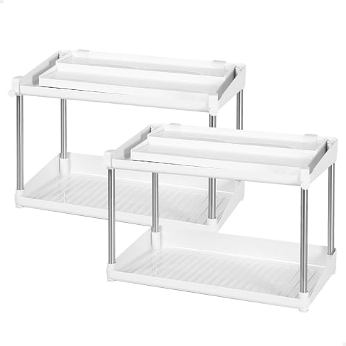 AKTIVE Max Home Pack 2 organizadores de especias de dos alturas, Con bandeja extraíble, 37,5x19x25,5 cm, Blanco y gris, Estante especiero, Organizador botes pequeños cocina (16555)