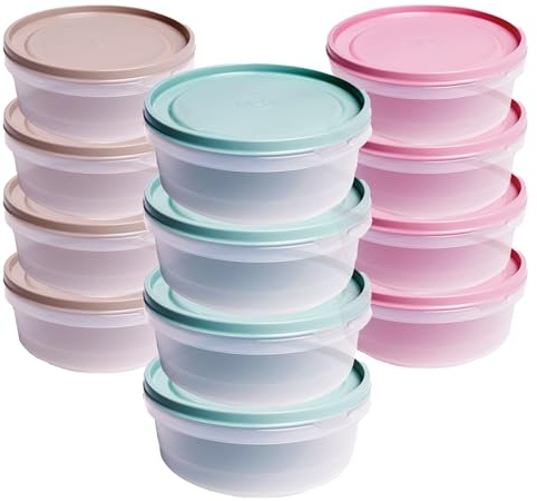 TUKA - Juego de 12 Herméticos de 700 ml de Plástico Redondos, con Tapa de Silicona Resistente, Apto para Lavavajillas Microondas y Congelador (Rosa, Verde y Gris) (700)