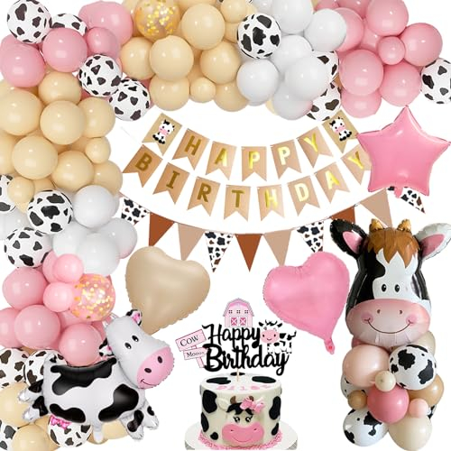 YYDSXK Geburtstagsdeko Mädchen, Rosa Kuh Deko Geburtstag Set mit Happy Birthday Banner, Kuchendeko, Kuh und Stern Folienballons, Kuh Party Luftballons für Baby Shower, Mädchen Junge Geburtstag Deko