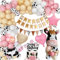 YYDSXK Geburtstagsdeko Mädchen, Rosa Kuh Deko Geburtstag Set mit Happy Birthday Banner, Kuchendeko, Kuh und Stern Folienballons, Kuh Party Luftballons für Baby Shower, Mädchen Junge Geburtstag Deko
