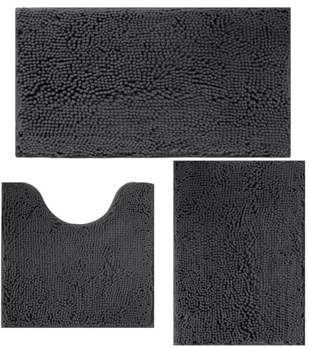 3 Piece Bathroom Rugs Set, Non-Slip Bath Mats with PVC Backing, Super Absorbent Washable Plush Carpet, Soft Shag Rug for Bathroom Bedroom Kitchen Home Decor (Dark Grey)