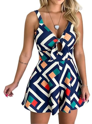 Generisch Damen Sexy Tiefer V-Ausschnitt Ausschnitt Floral Mini Strampler Kleid Flowy Fliege Front Selbst Ärmellose Knoten Smocked Taille Sommer (Blau 2,XL)