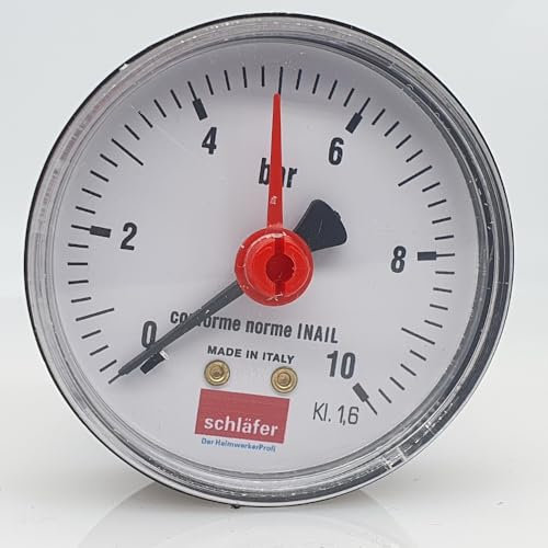 Schläfer 0930167 | Hydraulisches Manometer für Wasserdruck, Anschluss hinten axial 1/4 Zoll und Messskala 0 – 10 bar, Durchmesser 63 mm, ideal für Wärmeanlagen Luft und Wasser