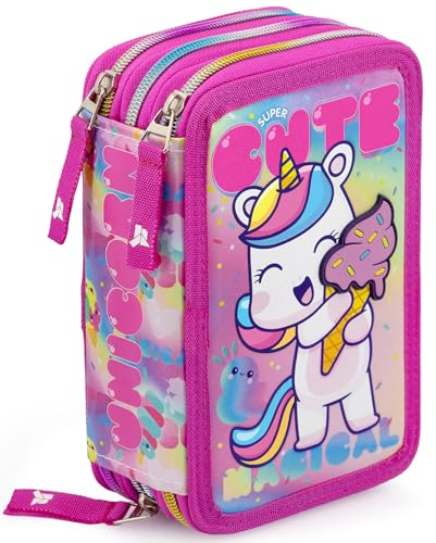 Julian Ross Mädchen 3-Fach Federmäppchen – 45-teilig, komplett gefüllt – mit Schere, Kleber, Buntstiften – Rosa & Lila – Einhorn-Motiv – Ideal für Schule & als Geschenk