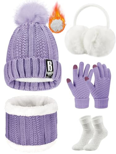 Tuopuda Set Cappello Sciarpa Guanti Paraorecchie e Calze Invernale Donna in Maglia Berretto Pompon Guanti Touchscreen Scaldacollo Caldo Moda 5 Pezzi Accessori Esterno Regali Origina, Viola