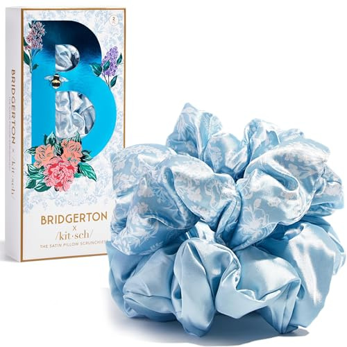 Bridgerton x Kitsch - Scrunchies in raso da donna, non si strappano, morbidi e confortevoli, per ragazze, perfetti per il giorno o la notte, Toile De Blue