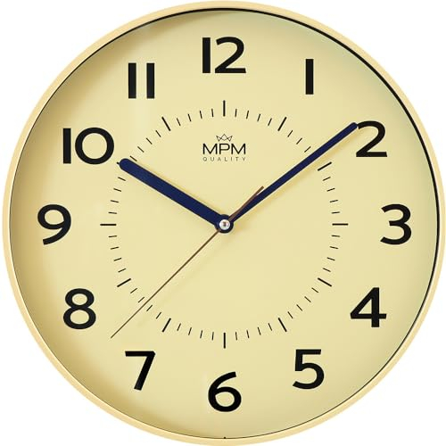 MPM Quality Design Kunstoff Wanduhr, Gelb, große arabische Ziffern, Quarz-Uhrwerk, ∅ 320 mm, Modern, Analog Wand Uhr, Wanddeko, Dekoration für Wohnzimmer, Küche, Büro, Schlafzimmer