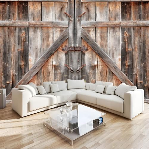 Chambre Papier Peint Panoramique Porte En Bois de Grange Vintage Poster Geant Papier Peint Intissé Mural Brun pour Salon Canapé TV Fond Décoration Murale 300x210cm
