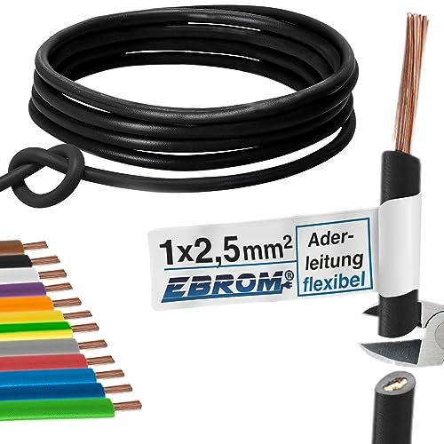 EBROM - 5 Meter Aderleitung mehrdrähtig - Einzelader - Verdrahtungsleitung flexibel - PVC Leitung - H07V-K 2,5mm2 | 2,5 mm² | 2,5 mm2 - Farbe: schwarz - Vollkupfer 99,9% OFC Kupfer - Länge: 5 Meter