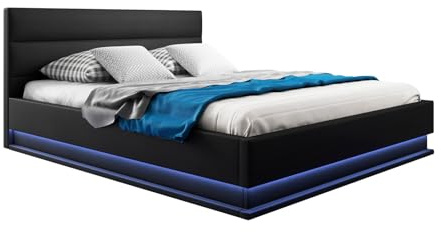 MB Muebles Bonitos | Doppelbett mit Lattenrost und Stauraum | Matratze 180x200cm | Weißes LED-Beleuchtung | Holzstruktur mit hochwertigem PU-Kunstleder | Farbe schwarz | Modell Nitas