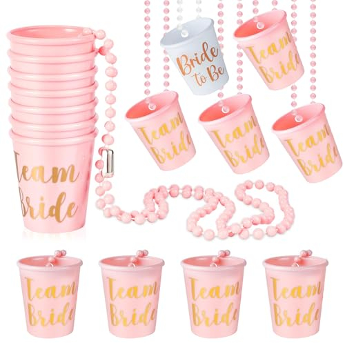 OBYJCA 16 PCS Hen Party Shot Glasses, Hen Plastic Cups Party Do Shot Glass Necklace Glasses Necklace Re-Usable for Wedding Bridal Shower Bachelorette Accessories (Pink)