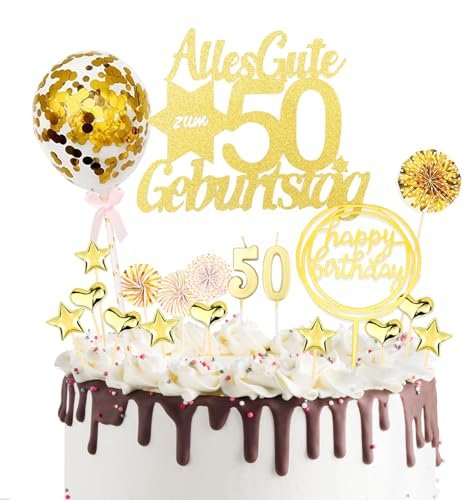 DazzJoy Gold Tortendeko 50. Geburtstag Frau Mann, 19 Stück Deko Torte, Glitzer Kuchen Deko, Kuchendeko Geburtstagskerzen, Cake Topper