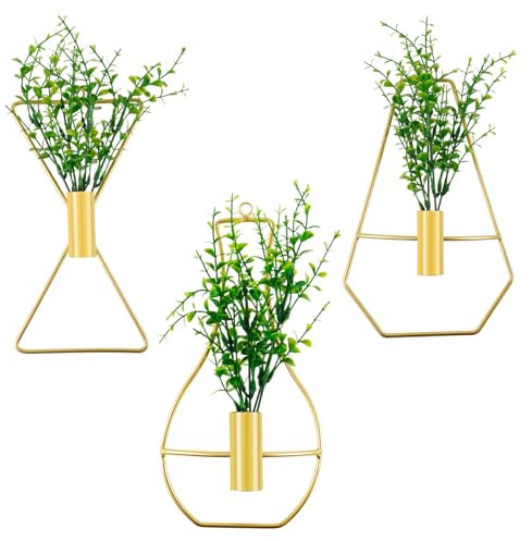 QINGLANG Lot de 3 pots de fleurs à suspendre avec plantes artificielles en métal à fixation murale pour intérieur - Décoration murale géométrique moderne pour maison, salon, porche, bureau (doré)