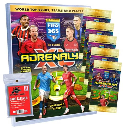 Bundle mit Panini FIFA 365 Karten 2025 - Adrenalyn XL Trading Cards - Exklusive STRONCARD Sammelkarten Hüllen - 1 Mappe + 5 Booster