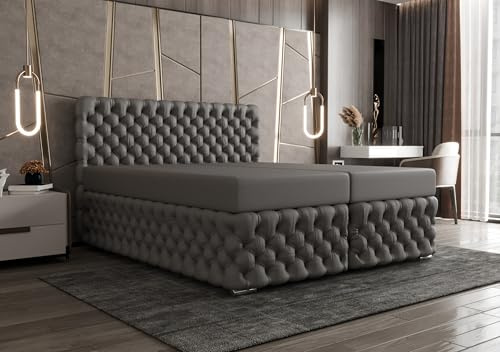 Verona Idee Boxspringbett Kong Glamour Bonell Matraze und Toper 4cm XXL Bettkasten 180x200cm - EcoLeder Grau