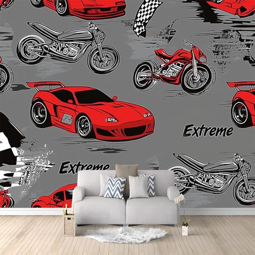 Papier Peint Mural 3D Moto De Voiture De Sport De Dessin Animé 200x140 cm Papier Peint Panoramique Poster Tapisserie Photo, Papier Peint intissé pour Chambre Salon Personnalisé Murale Décoration