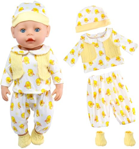 Baby Puppen Puppenkleidung 35-43 cm 1 Oberteil + 1 Hose + 1 Hut + 1 Paar Socken, Kleine gelbe Ente Kleidung Outfits für Baby Kinder Mädchen Jungen (Puppe Nicht enthalten)