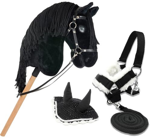 Hobby Horse Friese, Schwarz, A3, Pferd, komplett mit Netz, Trense, Zügel, Halfter und Insektenkappe, Pferdekopf, Stab für Hobby Horsing Kinder und Jugendliche