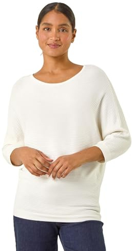 Roman Originals Ribbed Fitted Knit Jumper for Women UK - Ladies Everyday Autumn Winter Round Neckline Comfy Soft Evening Vacation Work Party Night Out - Ivory - Size 12