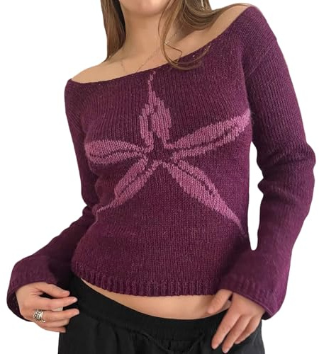 Women Off Shoulder Knit Crop Tops Long Sleeve Floral Printed Fairycore Crochet Jumper Pullover Knitwear