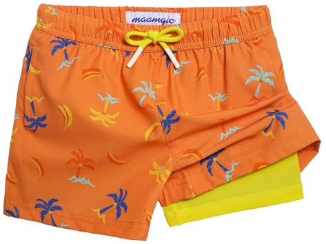 MaaMgic Badehose Jungen Kinder | Schnelltrocknend Kurz Swim Shorts für Kleine | 2 in 1 Badeshorts mit Kompression Innenhose Taschen Verstellbare Tunnelzug MEHRWEG,Orange Gelb Palmen Banane,3 Jahre