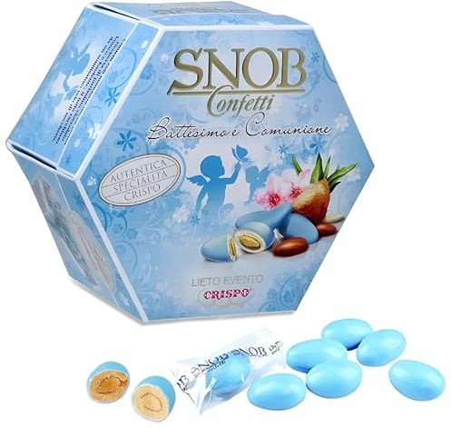 Confetti Crispo Snob Celeste Battesimo e Comunione Lieto Evento, Gusti Assortiti, con Mandorla al Cioccolato Bianco, Made in Italy per Bomboniera Confettata Maschio, Imbustati Singolarmente - 500 gr