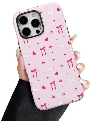 DEFBSC Case for iPhone 16 Pro Max, Cute Pink Bow Heart Ribbon Print Aesthetic Trendy Pattern for Women Girls Slim Durable Bumper Shockproof Hybrid Hard Back Phone Cover, Cat/Glossy