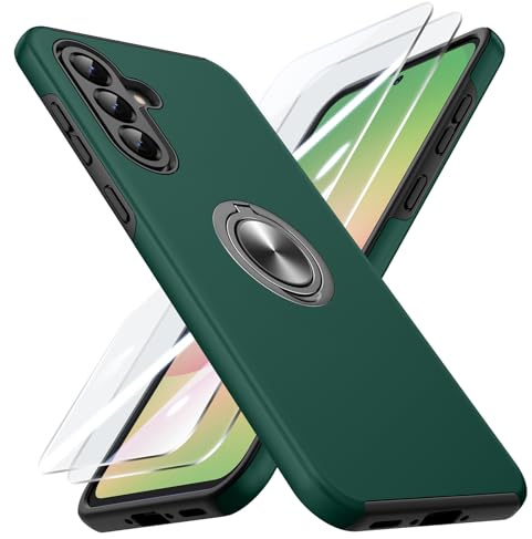 Doeshine Hülle für Samsung A56 /A36 5G mit Ständer, Dunkelgrün | 2 Stück Schutzfolie,Militärschutz Kameraschutz Stoßfest,360° Magnetischer Drehbarer Ständer,TPU+PC