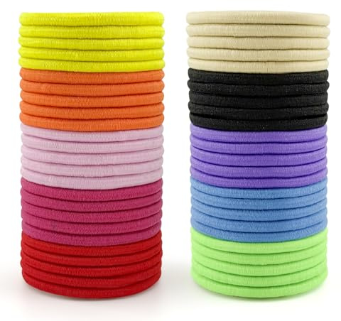 HXC Hair Bobbles 4mm Thick Hair Bands Multicolor 50 Pcs | Elastic Hair Ties Elastics Hairbands No Damage No Metal Ponytail Holders for Women Girls Kids Men