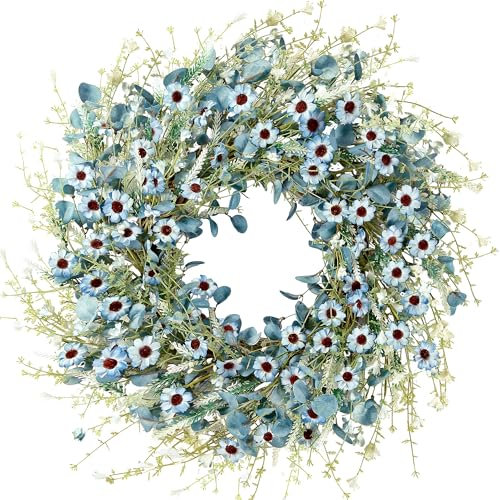 Sggvecsy Blue Daisy Wreath 24 Inch Spring Summer Fake Silk Floral Wreath with Green Eucalyptus Leaves and Lavender for Front Door Window Wall Wedding Farmhouse Festival Decor